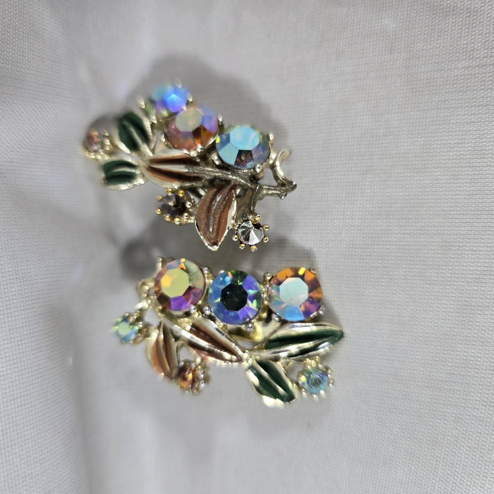 Clip On Pam Flower Leaves Stem Earrings Painted Metal Vintage Silver Tone